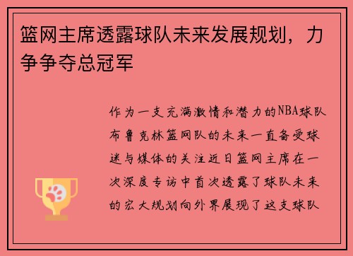 篮网主席透露球队未来发展规划，力争争夺总冠军